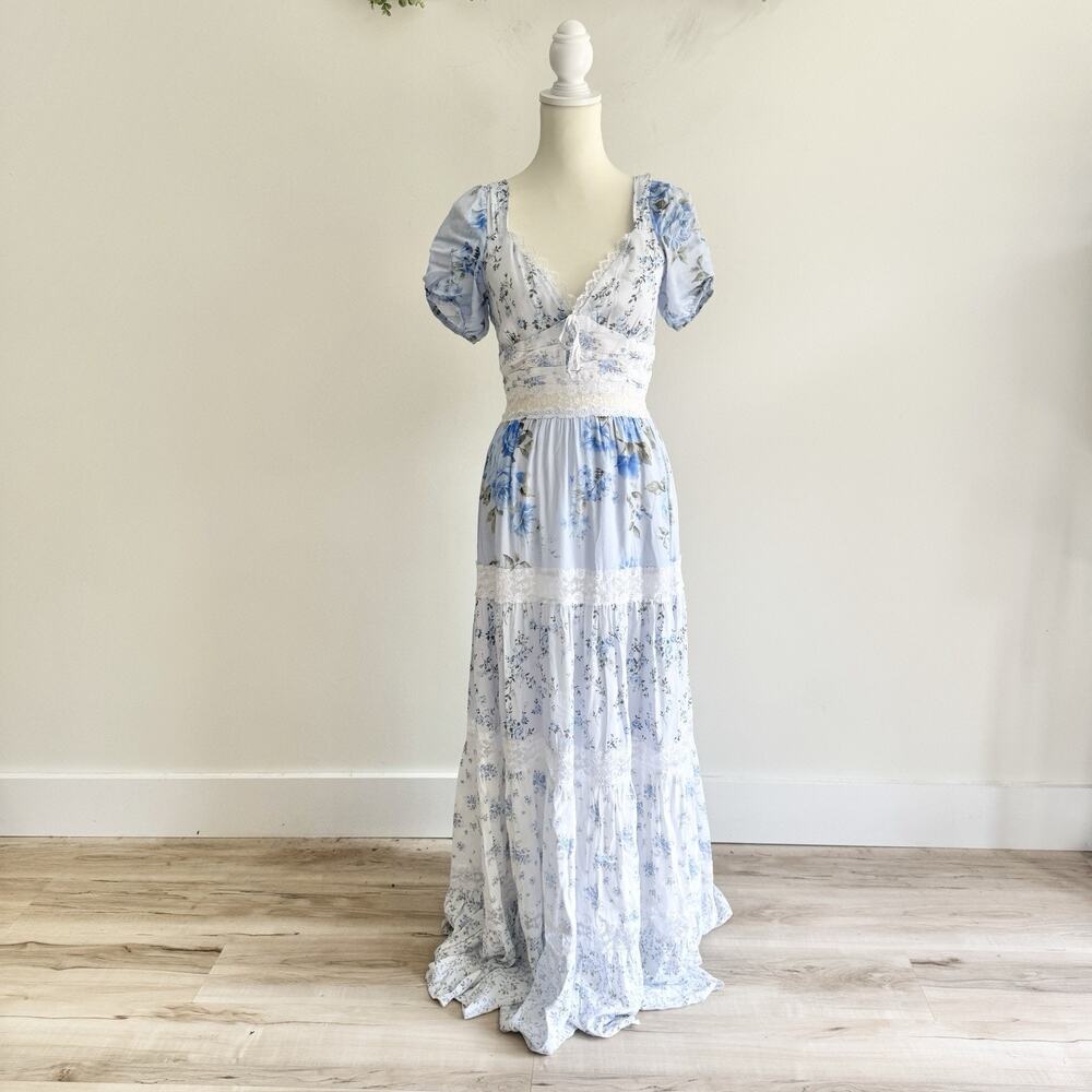 Altard State Cottage Core Blue Floral Lace Tiered Maxi Dresss Small AM - Picture 1 of 4